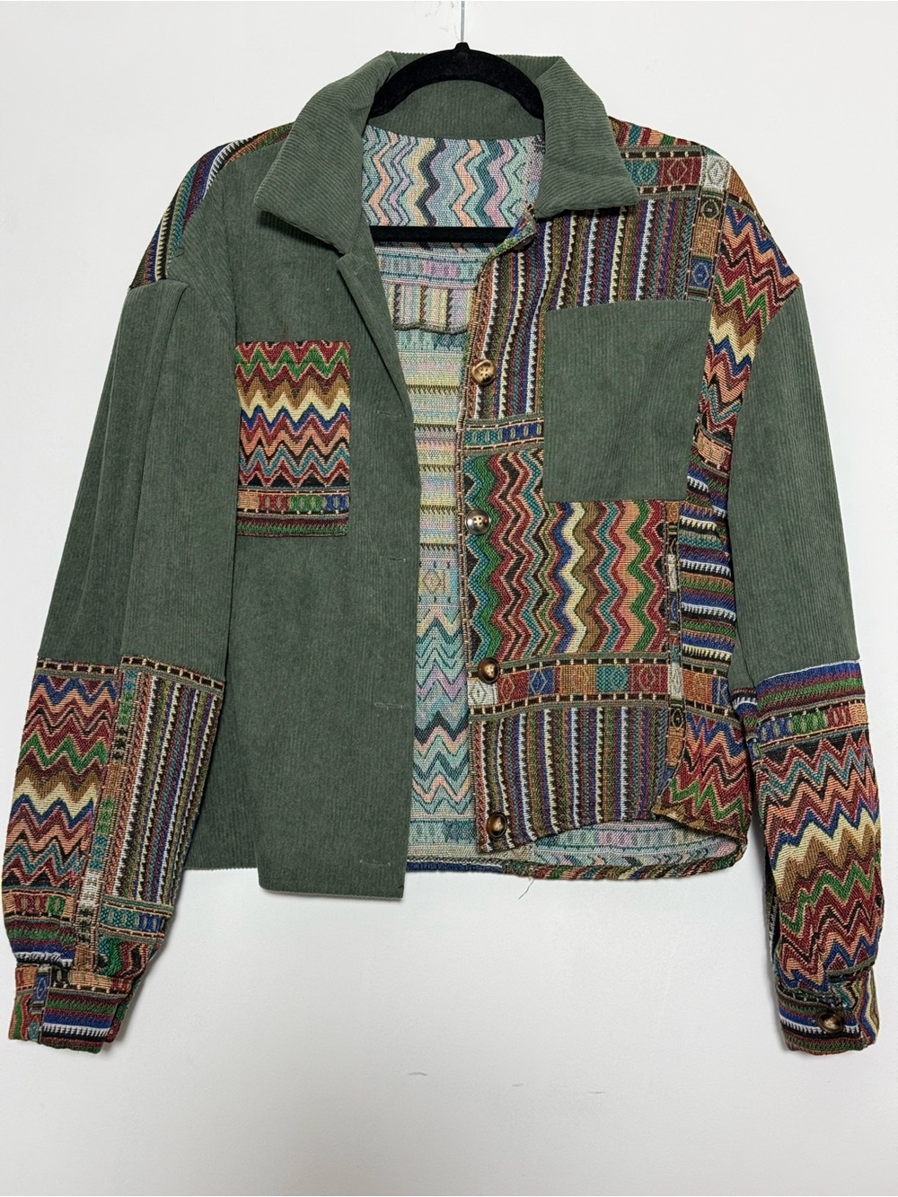 SHEIN Green and Teal Patchwork Zigzag Corduroy Jacket